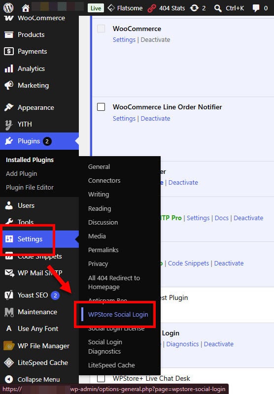 WordPress admin menu showing WPStore Social Login settings location.