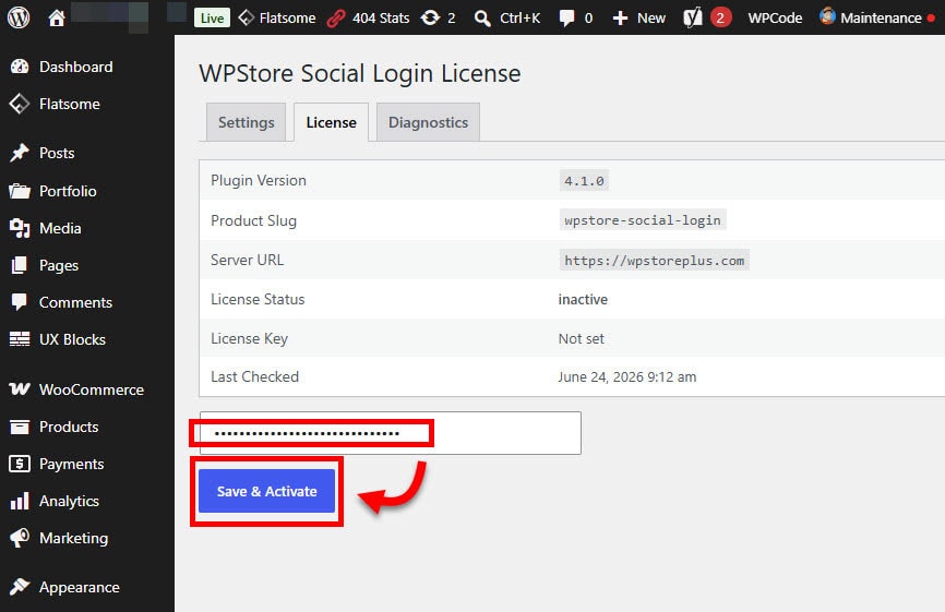 WPStore Social Login license screen showing license key activation form.