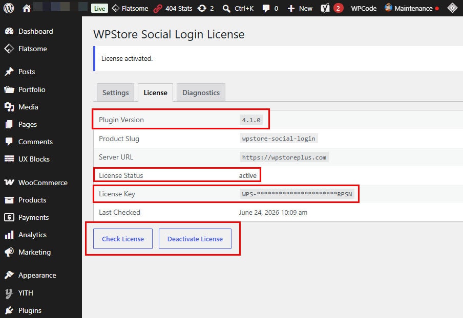 WPStore Social Login license screen showing active license status and license tools.
