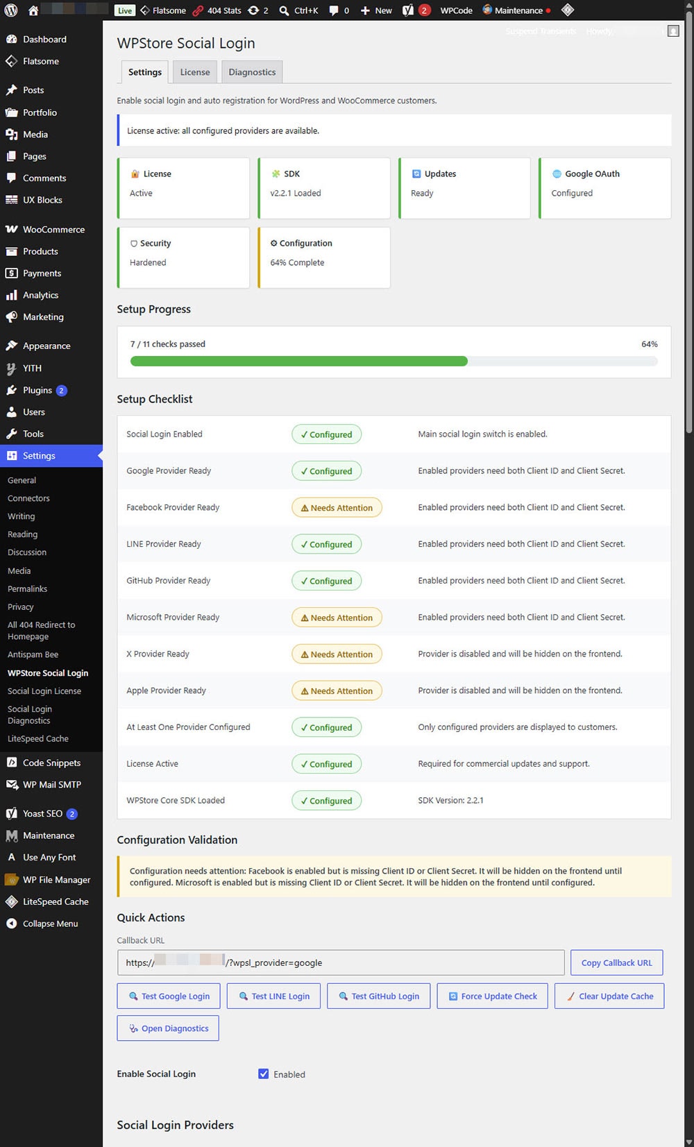 WPStore Social Login setup dashboard with setup progress, checklist, and quick actions.