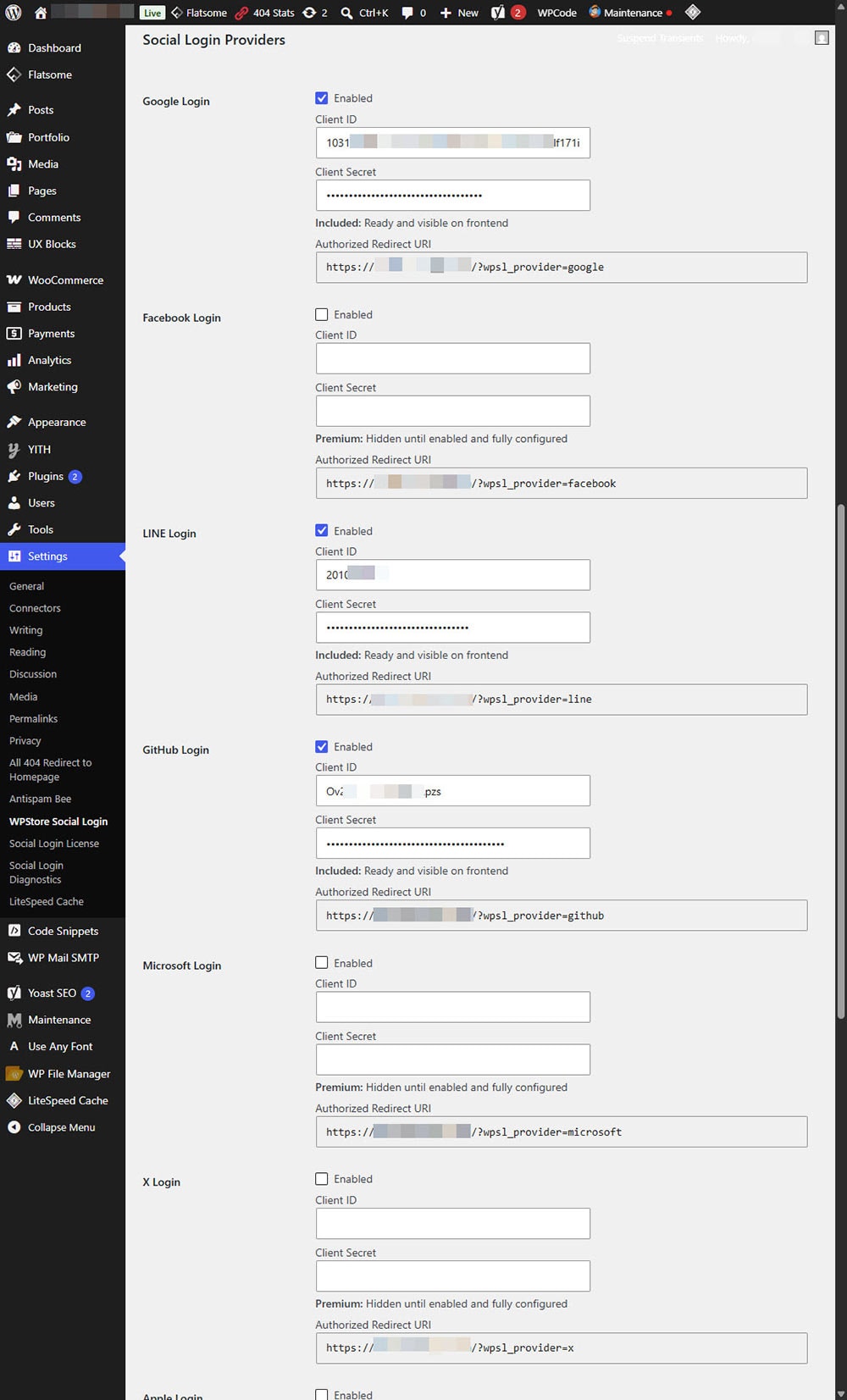 Social login provider settings for Google, Facebook, LINE, GitHub, Microsoft, and X.