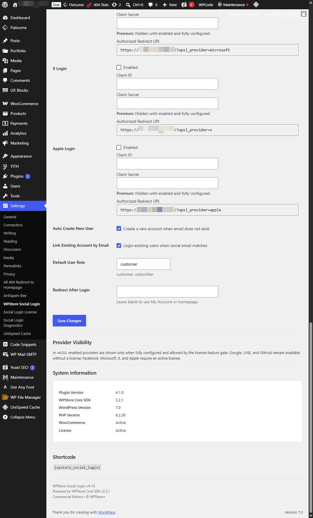 WPStore Social Login settings showing X, Apple, account creation, provider visibility, system information, and shortcode.