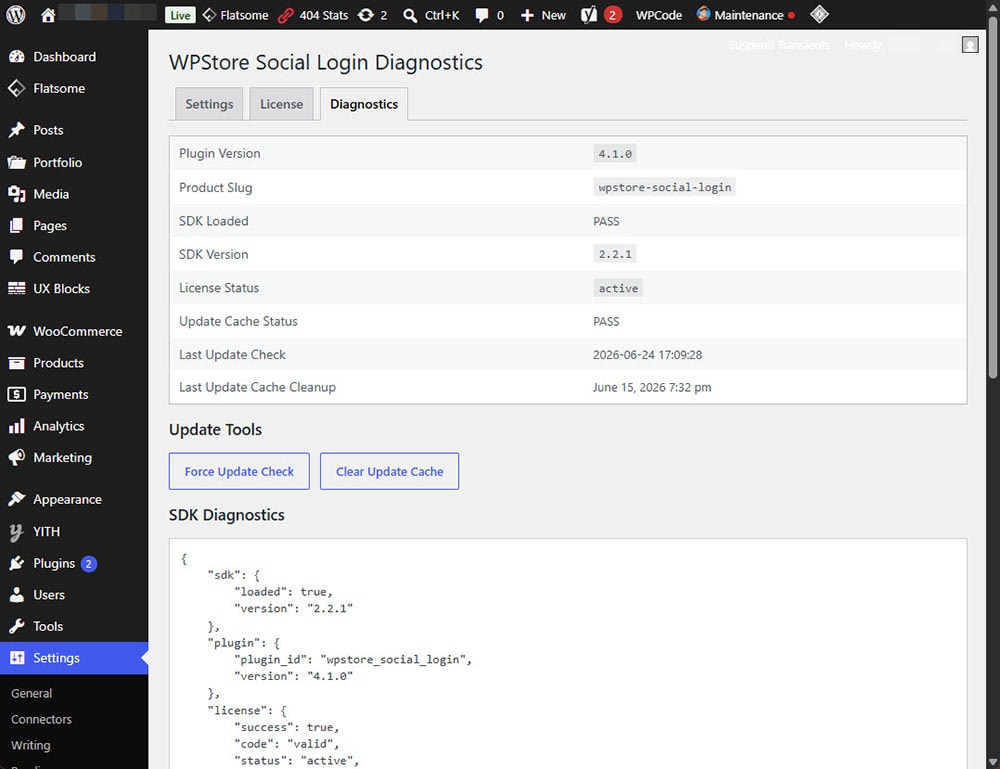 WPStore Social Login diagnostics screen showing plugin version, SDK status, license status, and update tools.