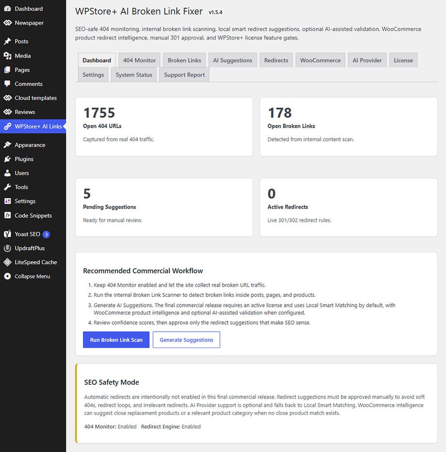 WPStore+ AI Broken Link Fixer dashboard overview