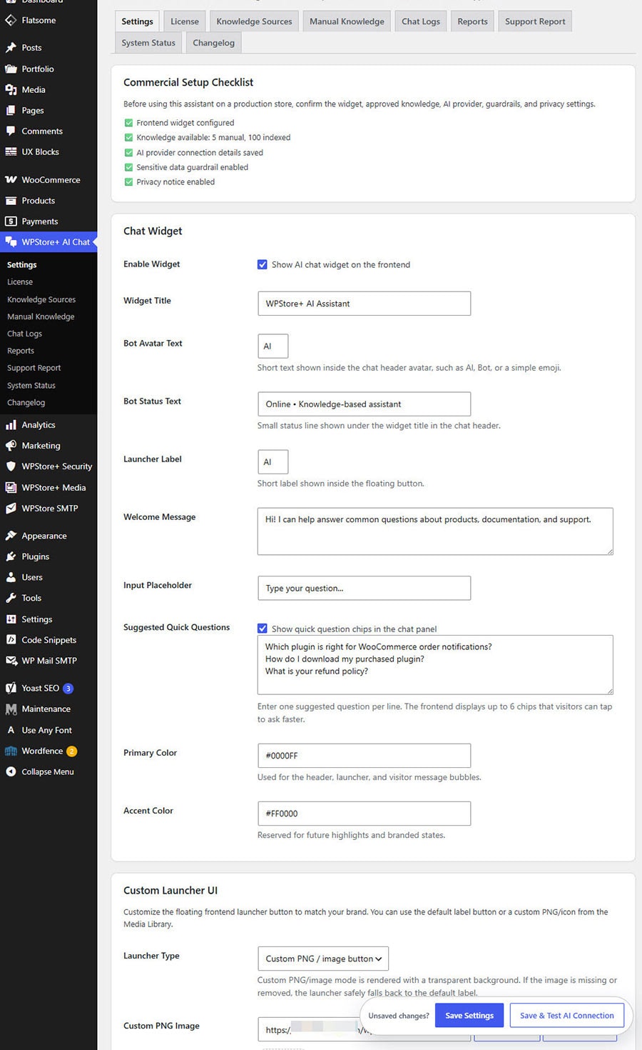 WPStore+ AI Live Chat Assistant settings screen in WordPress admin.
