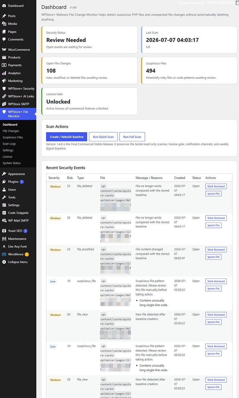 Show the main dashboard with Security Status, Last Scan, File Changes, Suspicious Files, Critical Findings, License Gate, and action buttons such as Quick Scan, Full Scan, and Create Baseline.
