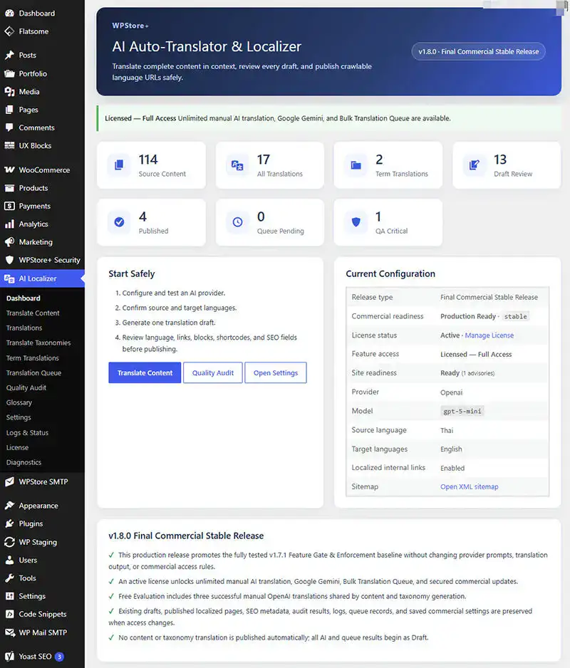 WPStore AI Auto-Translator dashboard with production readiness and translation status