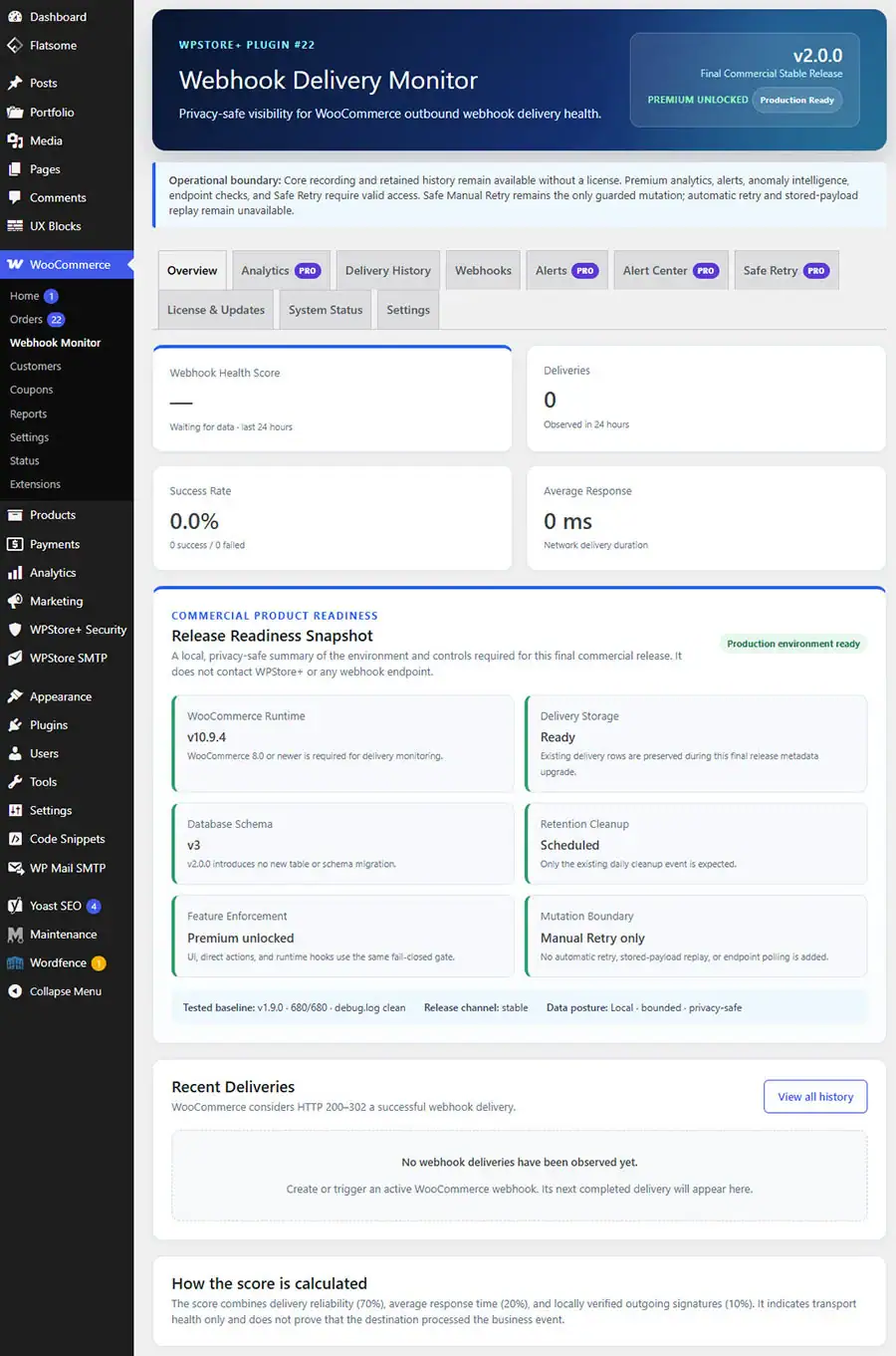 Product header, Core/Premium state, delivery summary, webhook health summary, and Release Readiness Snapshot.