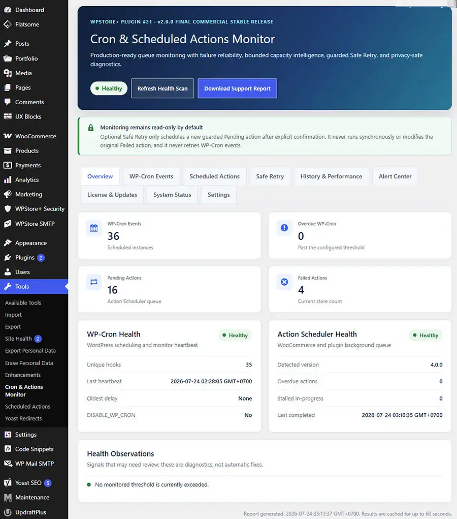 WPStore+ Cron and Scheduled Actions Monitor overview dashboard