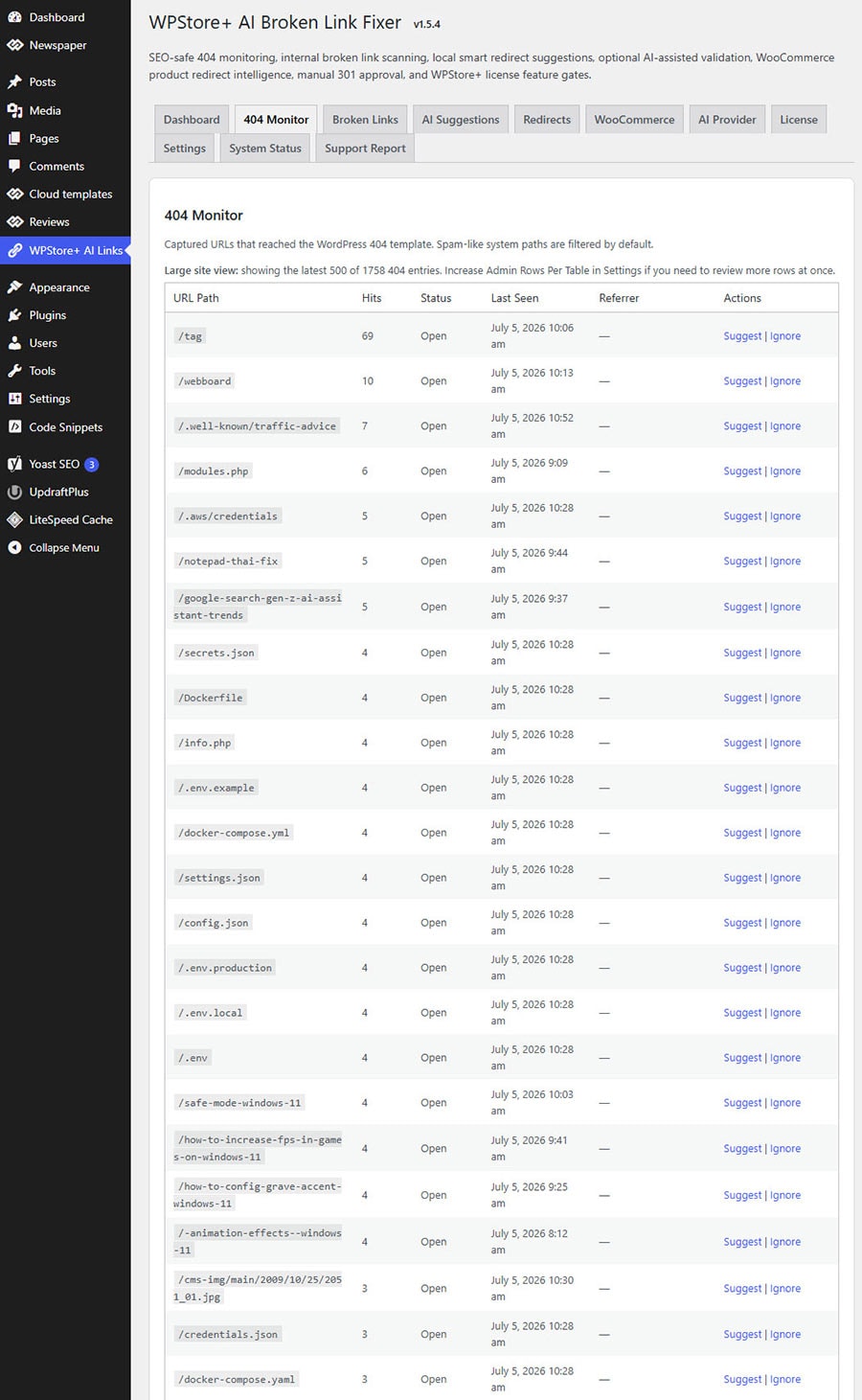 404 monitor showing captured broken URLs and hit counts
