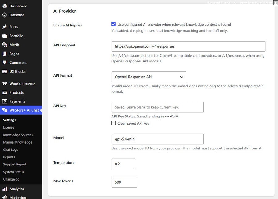 AI provider connection test settings for WPStore+ AI Live Chat Assistant.