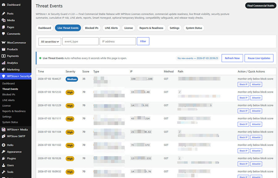 Live Threat Events screen showing suspicious IP activity, risk scores, severity, and auto-refresh controls.