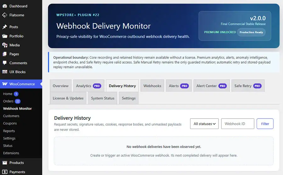 Delivery status, webhook name, response code, duration, date, and filters.