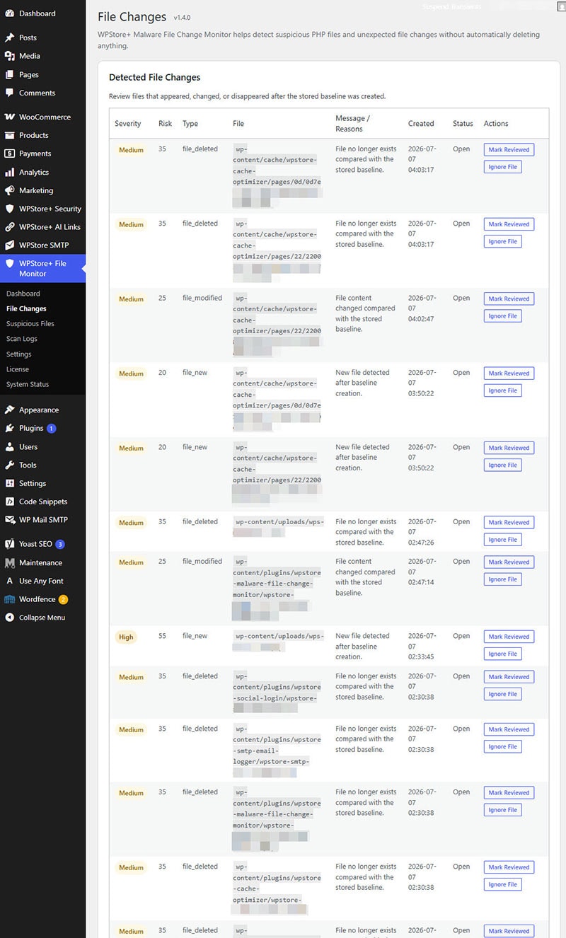 Show the File Changes page with new, modified, or deleted files.