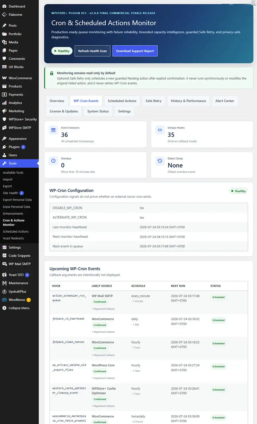WordPress cron events with overdue and source diagnostics