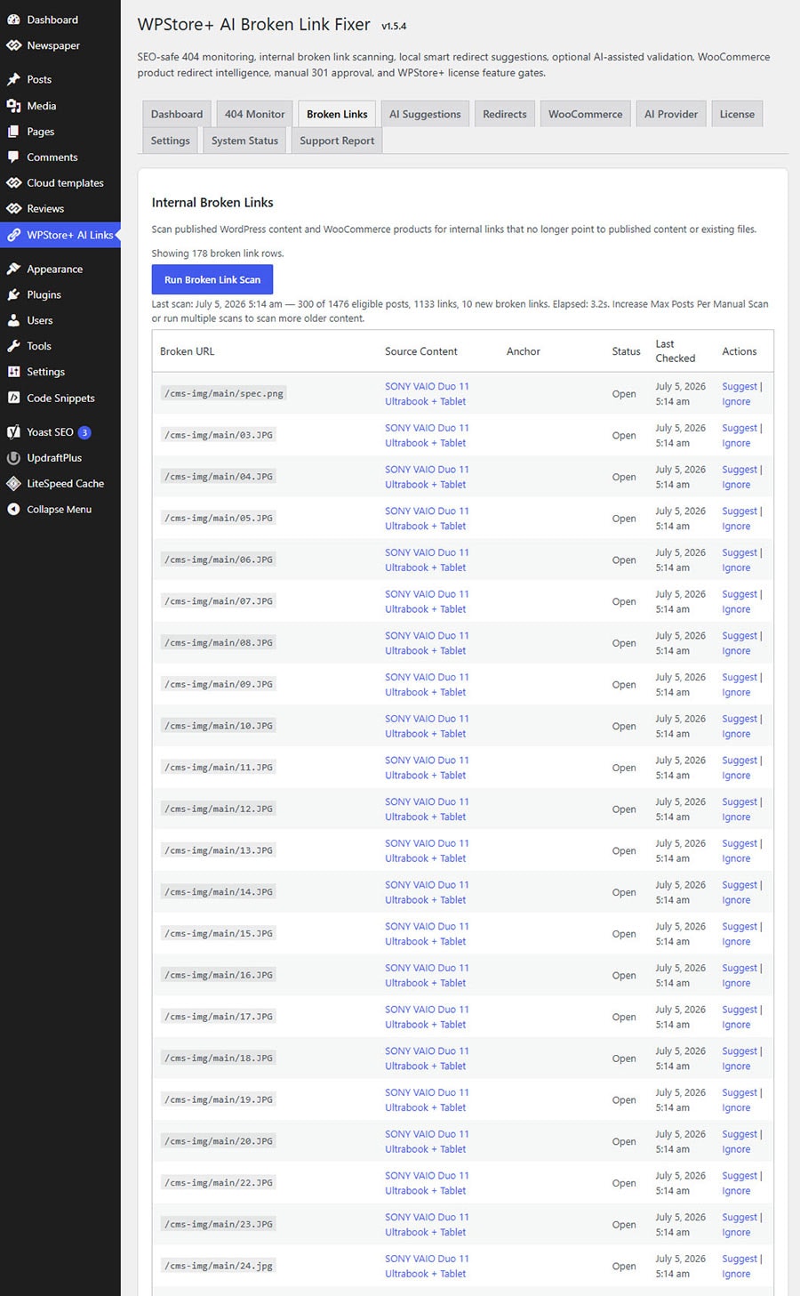 Internal broken link scanner results in WordPress
