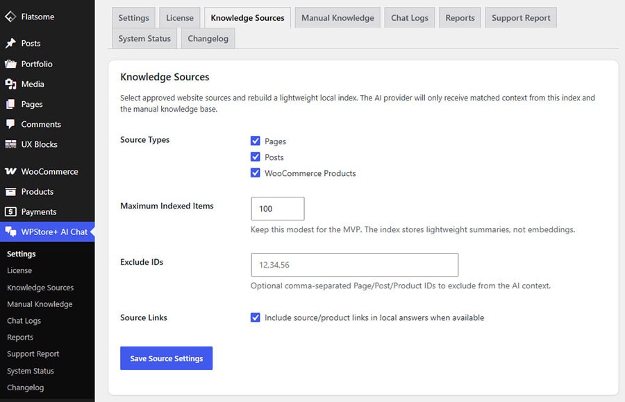 Knowledge Sources tab showing pages, posts, and WooCommerce product indexing options.