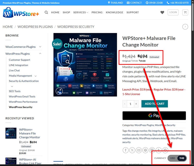 Show the same product page with selected currency set to THB.