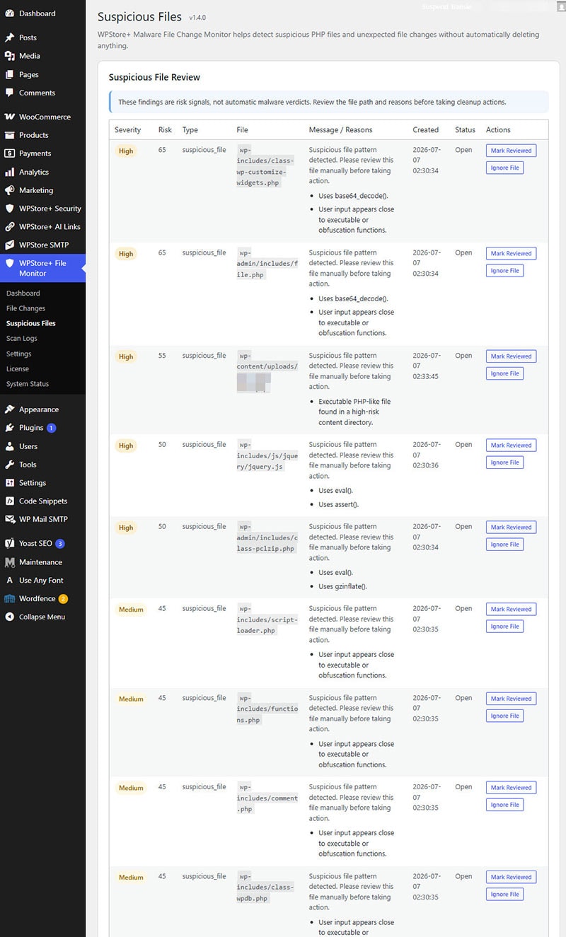Show suspicious PHP files with severity, risk score, file path, and reason.