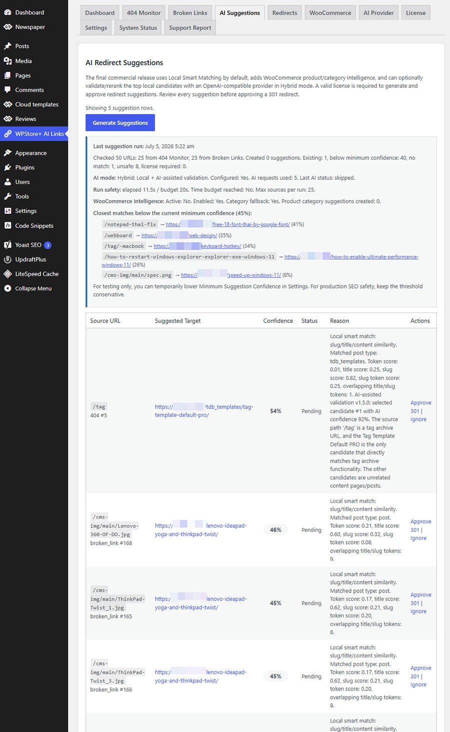 AI redirect suggestions with confidence scores