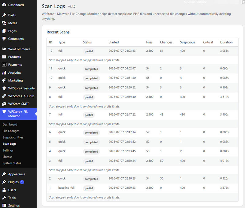 Show scan history with scan type, status, files scanned, changes found, suspicious findings, and critical findings.