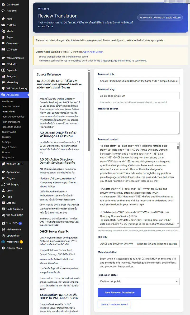 AI translation draft editor with localized content and SEO metadata