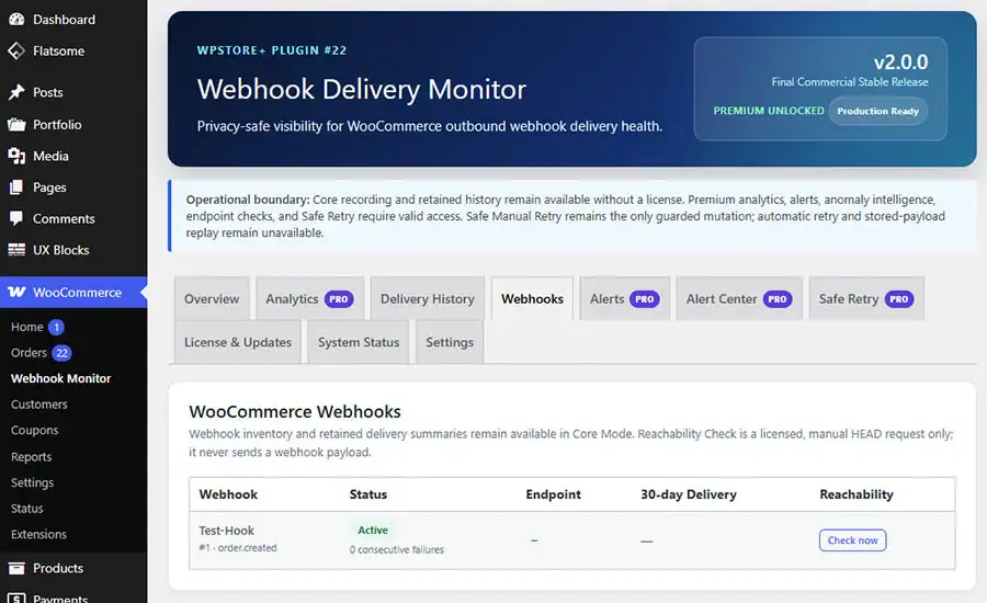 Configured webhook names, status, topic, masked destination, and health information.