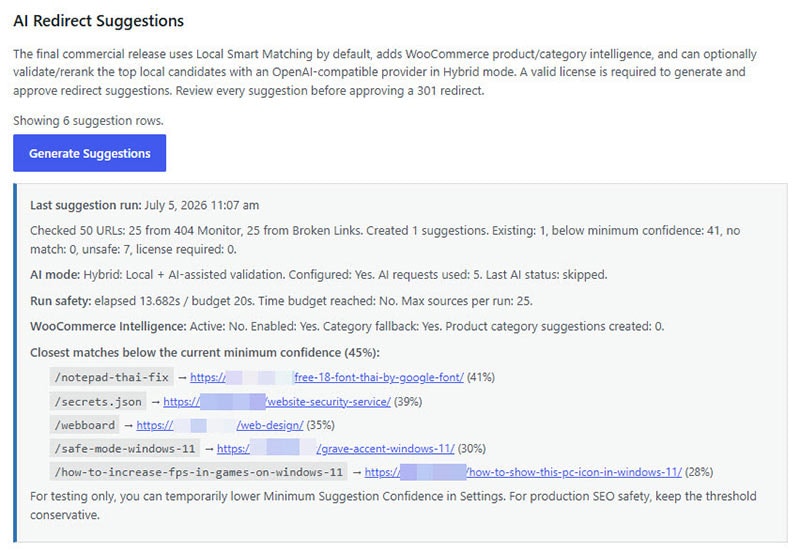 Suggestion run summary with large site diagnostics