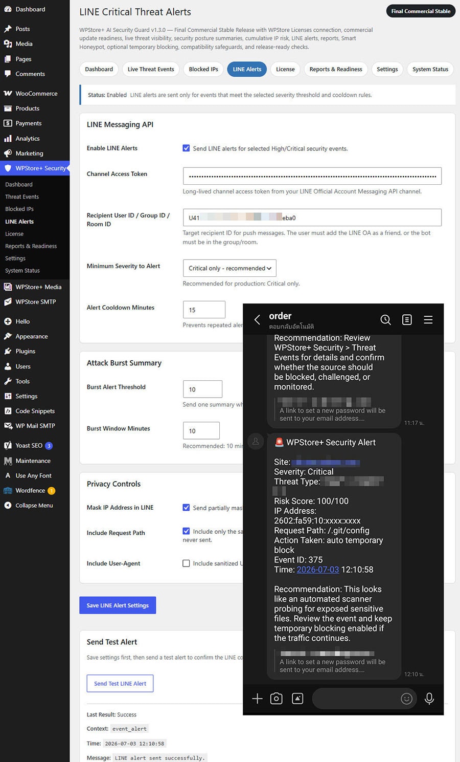 LINE Alerts settings page for configuring critical security notifications through LINE Messaging API.