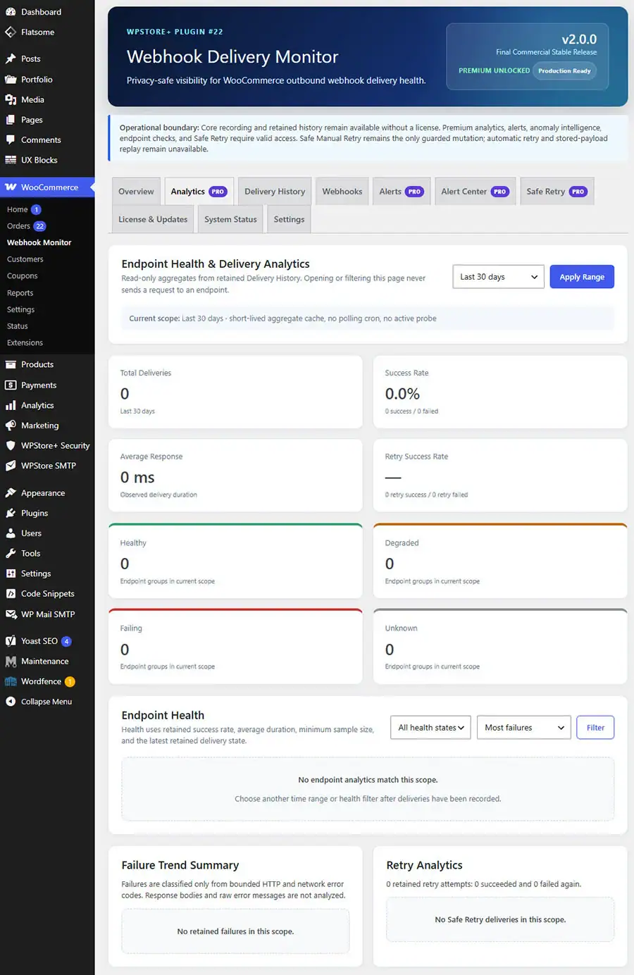 Healthy, Degraded, Failing, and Unknown endpoint cards with success rate and response time.