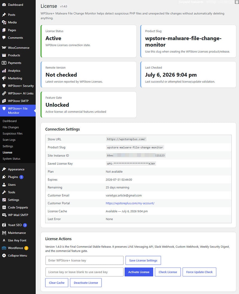 Show the License page with license key, status, product slug, Activate License, Check License, Deactivate License, Force Update Check, and Clear Cache.