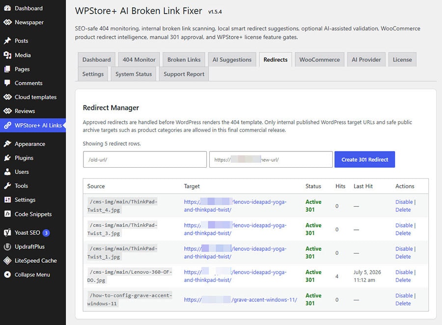 Manual 301 redirect manager for broken URLs