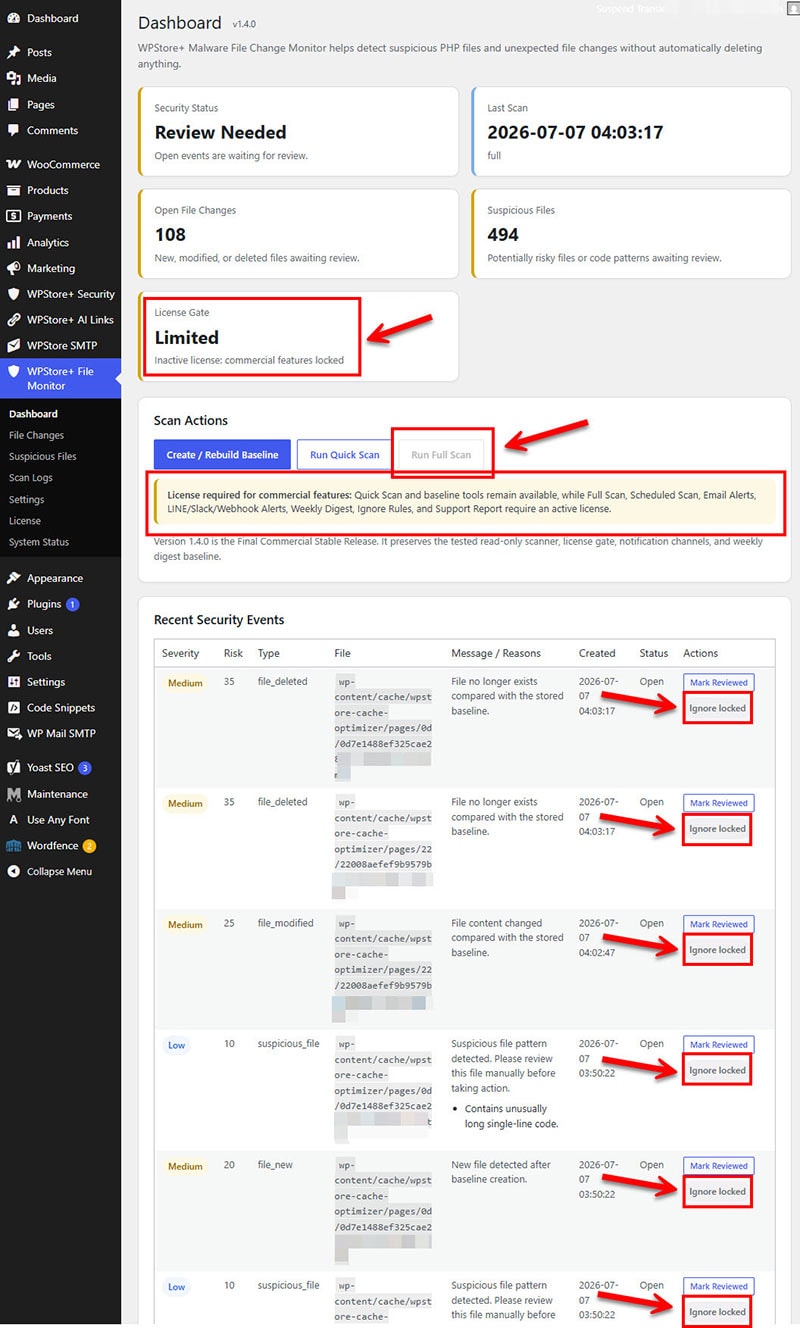 Show inactive license state where advanced features are locked.