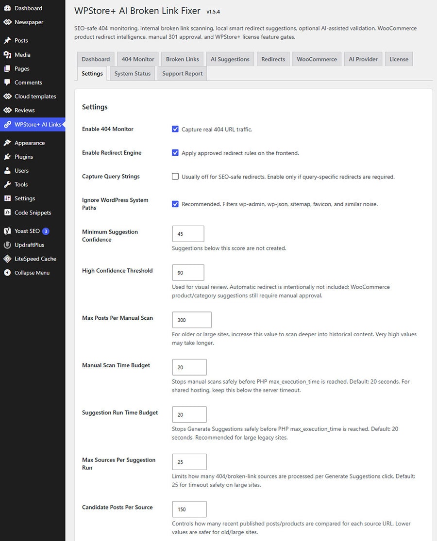 Large site scan and suggestion settings