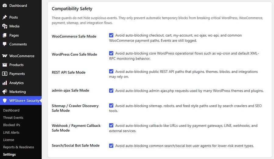 Compatibility Safety settings for WooCommerce checkout, REST API, admin-ajax, sitemap, crawler, and webhook protection.