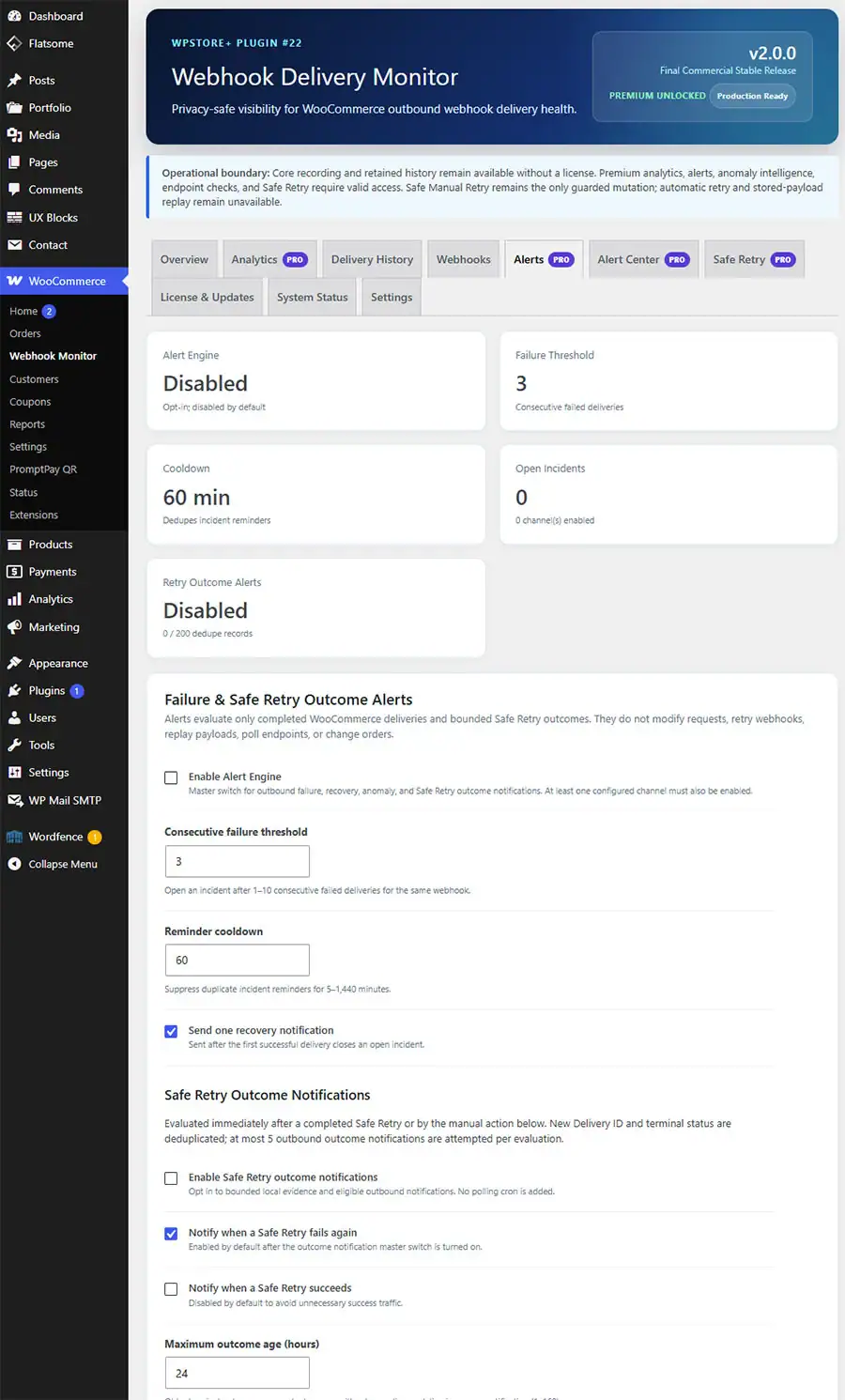 Alert Engine, failure thresholds, recovery alerts, and enabled notification channels.