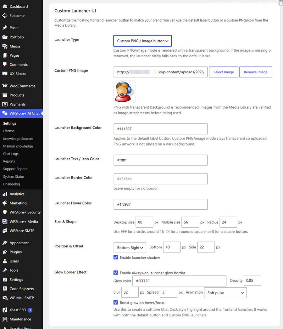 Custom PNG chat launcher settings with image preview and glow controls.