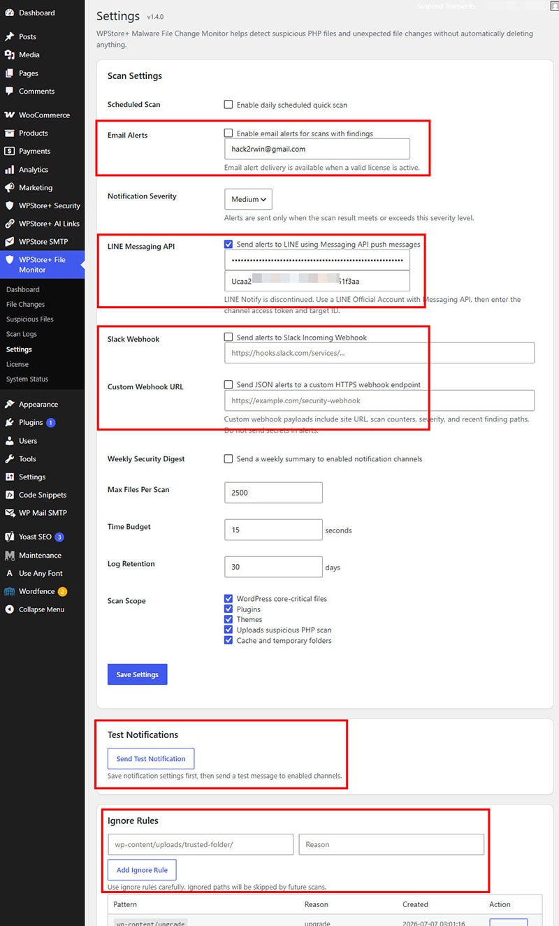 Show Settings page with Email Alerts, LINE Messaging API, Slack Webhook, Custom Webhook URL, Weekly Security Digest, Notification Severity, and Send Test Notification.