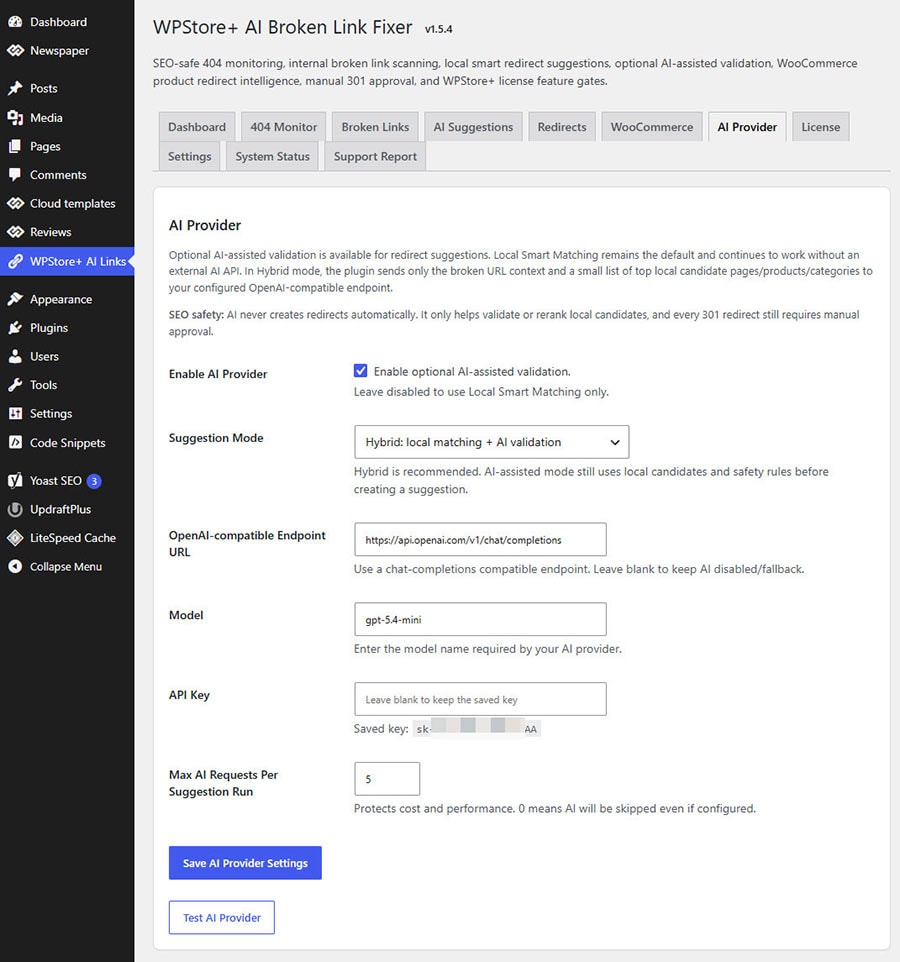 Optional AI provider settings for smart redirect suggestions