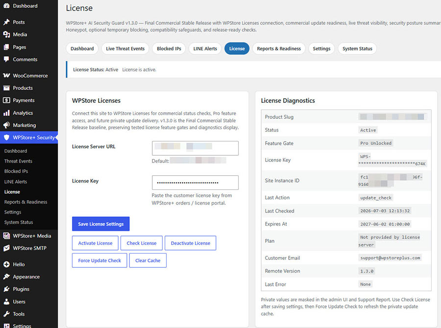 WPStore+ AI Security Guard license page showing license status, feature gate, diagnostics, and license action buttons.
