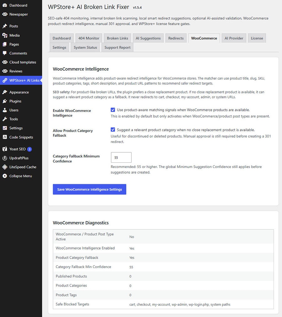 WooCommerce product redirect intelligence settings