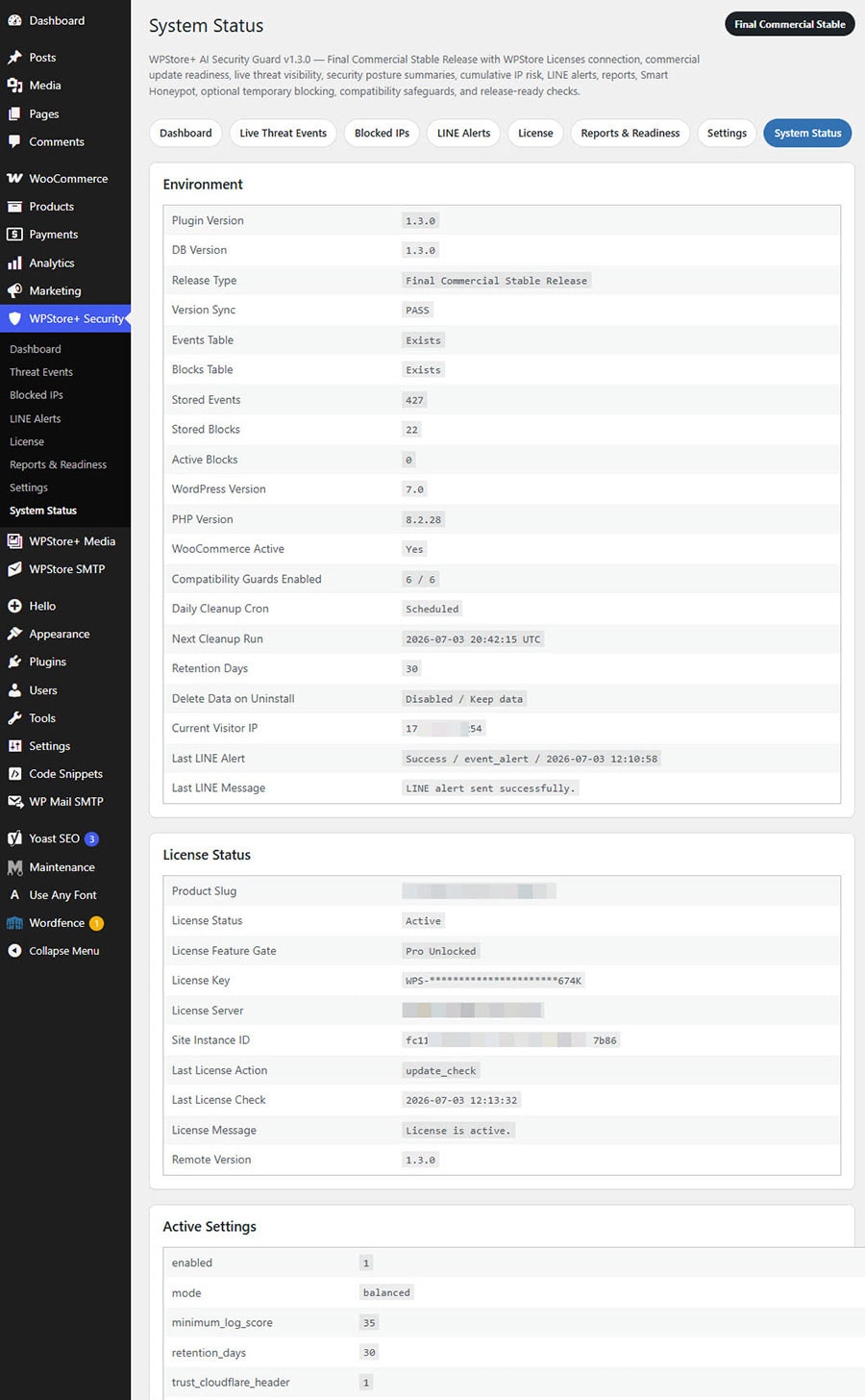System Status page showing plugin version, database version, license diagnostics, compatibility guards, and cleanup status.