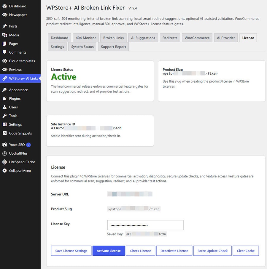 WPStore+ license activation for AI Broken Link Fixer