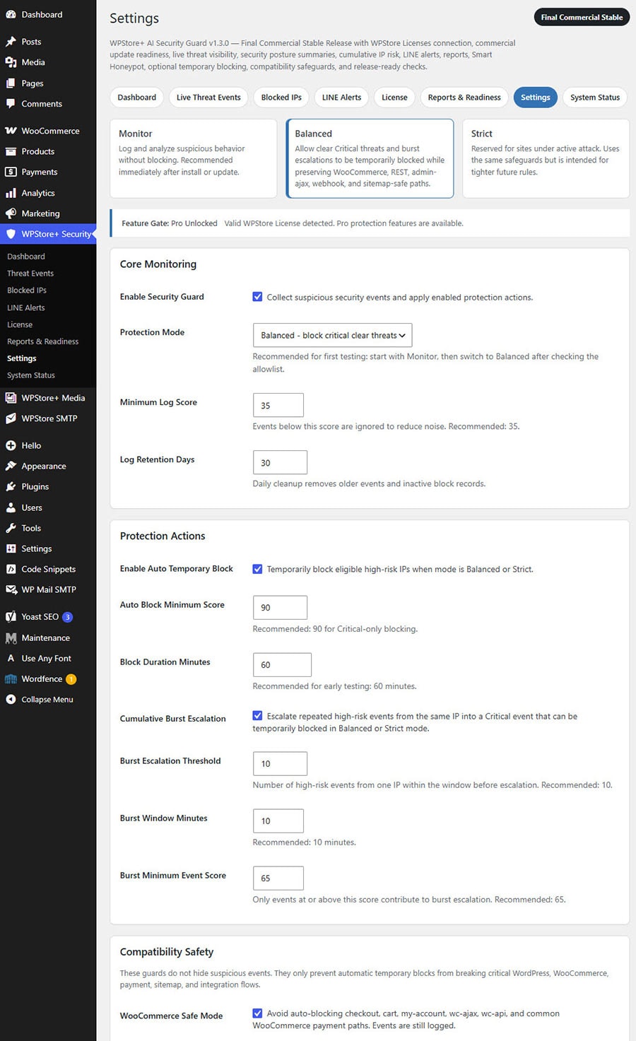 Settings page showing protection mode, risk thresholds, burst escalation, scanner detection, allowlist, and retention options.