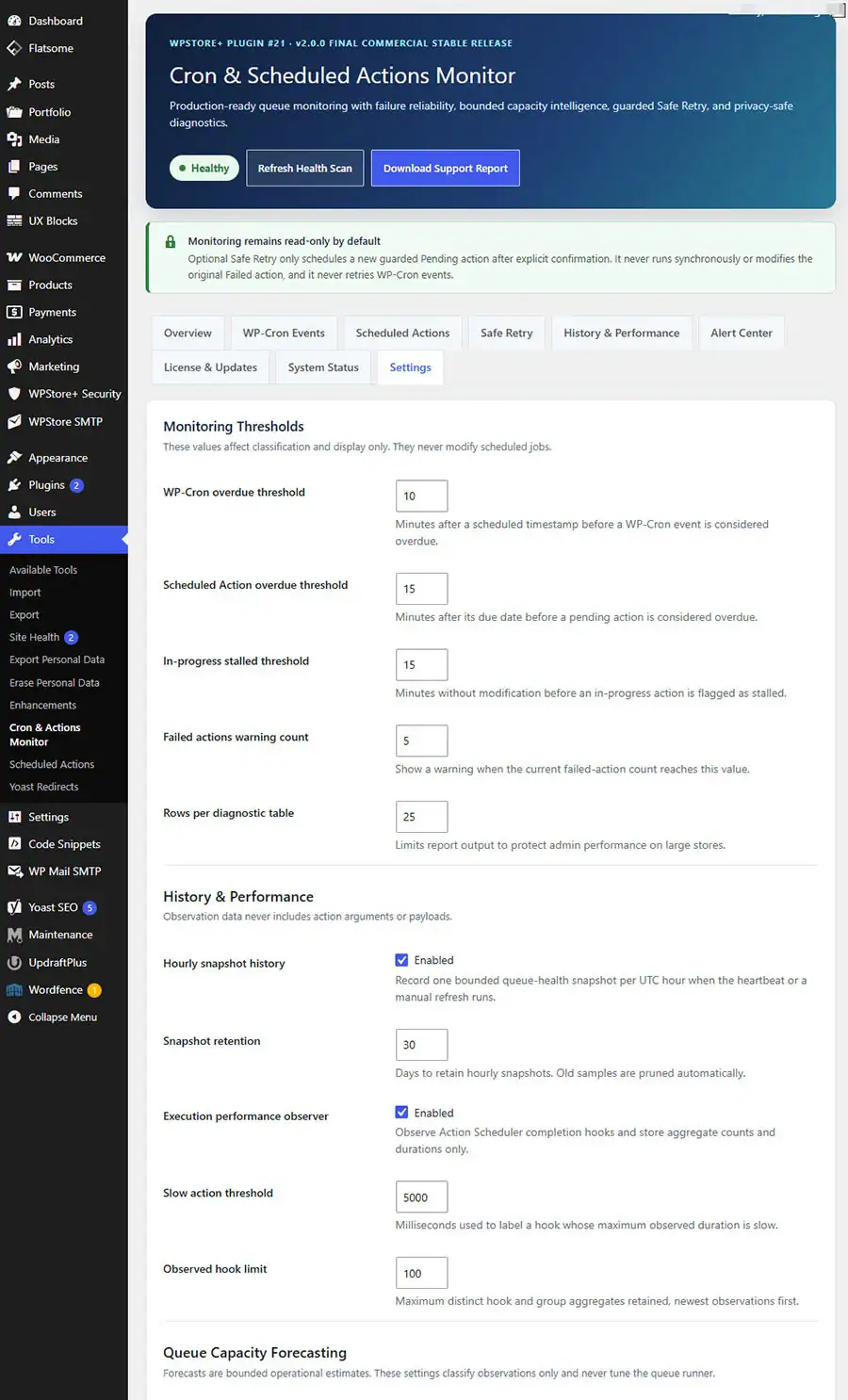 Cron and Scheduled Actions monitoring threshold settings