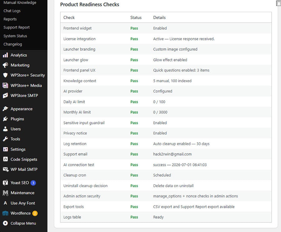 Product Readiness Checks in WPStore+ AI Live Chat Assistant.