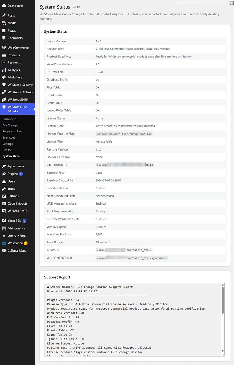 Show System Status with Product Readiness, License Status, Feature Gate, Scan Status, Notification Status, and plugin environment details.