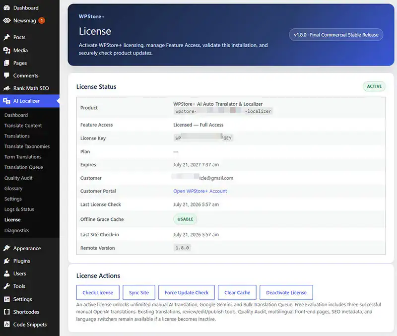 WPStore license diagnostics with active status and secure update checks