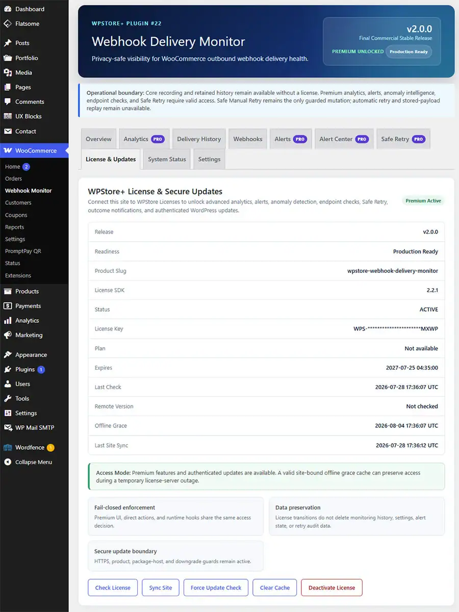 Premium Active status, plan, expiration date, update status, and trust summary.