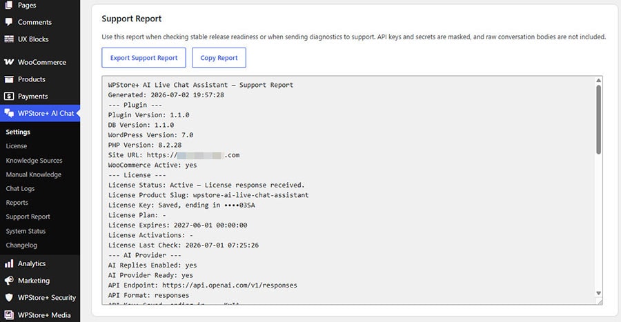 Support Report tab with masked diagnostics for WPStore+ AI Live Chat Assistant.